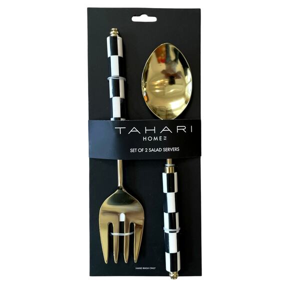 Tahari Salad Serving Spoon Fork Set of 2 Black & White Checkered Gold Glam New - Picture 4 of 7